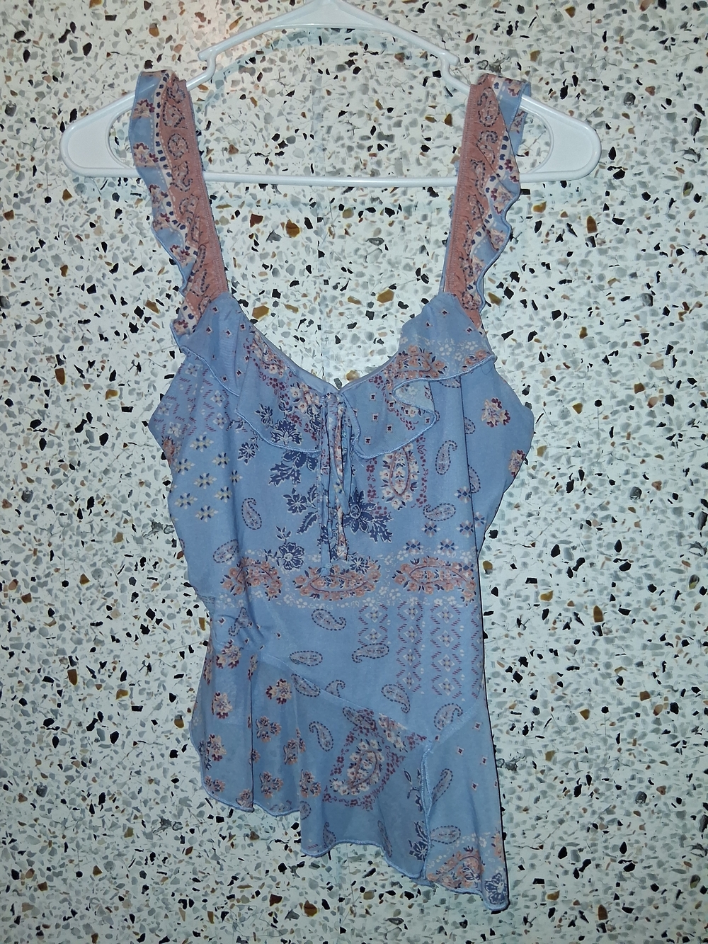 La Peche Ruffled Cami Size Medium Blue Brown Bohemian